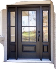 a black front door with two sidelights and glass panels on the top half of it