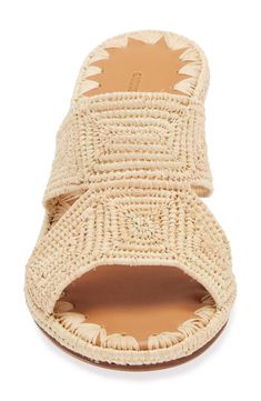 Woven raffia straps enhance the vacation-ready vibe of a breezy slide sandal lofted by a textural block heel. 2 1/2" heel Raffia upper/leather lining and sole Imported Vacation Sandals With Block Heel And Removable Insole, Vacation Sandals With Removable Insole And Block Heel, Chic Vacation Sandals With Stacked Heel, Natural Sandals With Stacked Heel For Vacation, Chic Woven Mules For The Beach, Chic Woven Mules For Beach, Natural Open Toe Heels For The Beach, Beach Mules With Stacked Wedge Heel, Beach Wedge Heel Mules With Stacked Heel