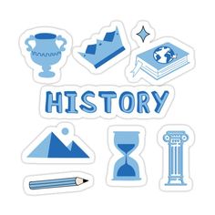 blue stickers with the words history and various items in it, including an hourglass,