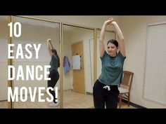 two women doing yoga moves in front of mirrors with the words 10 easy dance moves