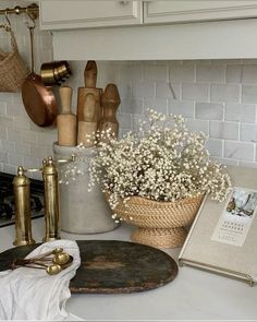 the kitchen counter is clean and ready to be used as a cook's station