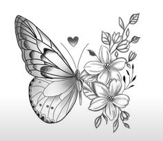 a black and white drawing of a butterfly with flowers