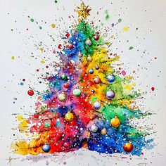 a brightly colored christmas tree is shown in this watercolor painting by artist mark stewart