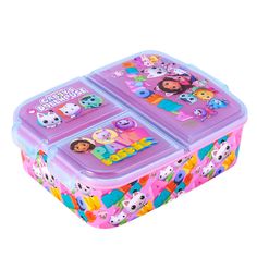 the children's lunch box has three compartments with cartoon characters on them, and is purple