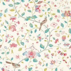 a floral wallpaper with birds and flowers on the side, in pastel colors