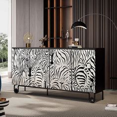 a zebra print sideboard in a living room