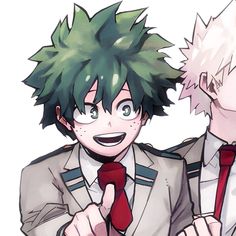 two anime guys with green hair and ties