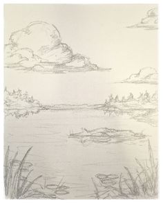 a pencil drawing of a lake with trees and clouds in the sky above it on paper