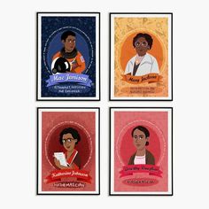 four framed portraits of black women in different colors and styles, each with an individual's name