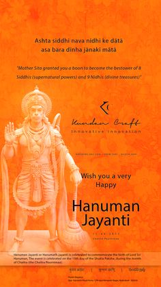 an orange poster with a statue of hanumann javanti on it's side