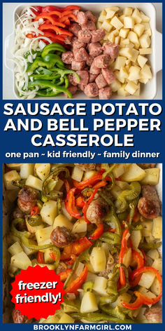 an image of raw sausage, potatoes and bell peppers in a casserole dish over a closeup of those ingredients baked and ready to eat Sausage Potatoes And Peppers, Italian Sausage Potatoes, Bell Pepper Casserole, Potato Casseroles, Pepper Casserole, Family Dinner Recipe, Sausage Potato