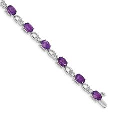 Rhodium over 14k white gold 9 cttw amethyst and diamond bracelet. Measures approximately 3/16 of an inch in width and has a box catch closure. Elegant Sterling Silver Amethyst Bracelet, Elegant Sterling Silver Amethyst Bracelet For Formal Occasions, Elegant Purple Sterling Silver Bracelet For Formal Occasions, Elegant Formal Purple Sterling Silver Bracelet, Formal Purple Fine Jewelry Bracelet, Formal Amethyst Gemstone Sterling Silver Bracelet, Formal Amethyst Gemstone Tennis Bracelet, Formal Purple Cubic Zirconia Bracelets, Formal Purple Amethyst Tennis Bracelet