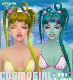 two girls with green and pink hair are standing in front of a cityscape