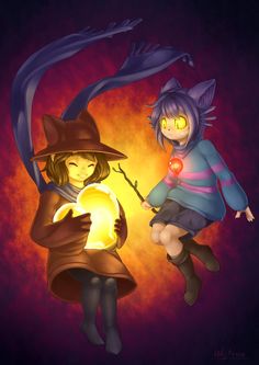 two children dressed as witches flying through the air