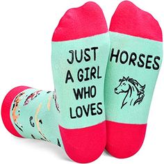 HORSE SOCKSCute horse socks for girls. Our equestrian socks for girls are designed with horses and horseshoes, with funny saying "JUST A GIRL WHO LOVES HORSES", which are great gifts for horse lovers. Look at handsome horses, they're waiting for you to riding and running freely under the blue blue sky.SIZE & PACKINGNovelty horse riding socks. Fits for 5 - 11 years old girl. Crew-cut sits at the calf, self-adjusting welt cuff keeps your socks from falling down as the day goes on. 1 pair comes Equestrian Socks, Crazy Socks For Kids, Riding Socks, Horse Socks, Cow Socks, Pregnancy Costumes, Dental Assistant Gifts, Silly Socks, Animal Socks