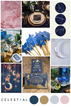 a collage of blue, gold and pink wedding colors with stars on them in the sky