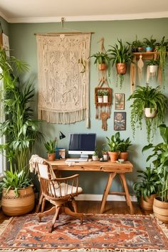 a home office with potted plants on the wall and a rug in front of it