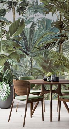 a dining room with tropical wallpaper and wooden table set for four, surrounded by green chairs