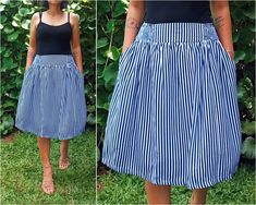 "If you want a smart casual skirt which can serve as a party midi skirt, then this vertical stripe skirt is a great pick. It is an instant classic skirt which makes a great business skirt, a formal skirt, and even, cue the geometric stripes, a cruise skirt and a daily wear. It's an old fashioned skirt, at the same time a timeless modern skirt. Very easy to pair with your other fashion items. It is a stylish gathered skirt for for women and teens.  The dapper skirt is designed as a comfy basic sk Smart Casual Skirt, Blue And White Striped Skirt, Blue Striped Skirt, Midi Skirts Summer, Modern Skirt, Coworker Gifts, Business Skirt, Plus Size Work, White Striped Skirt