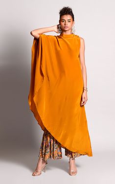 Rishi & Vibhuti-Ochre Printed Kaftan With Pants-INDIASPOPUP.COM Luxury Orange Palazzo Set For Women, One Side Sleeve Dress Indian, One Shoulder Kaftan Dresses, Luxury One-shoulder Women's Kaftan, Modern Kurti Design Style, Kaftan With Pants, Rishi Vibhuti, Unique Kaftan Designs, Kaftan Kurti