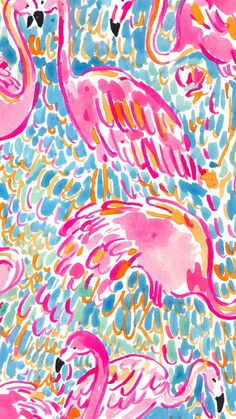 watercolor flamingos in pink, blue and yellow