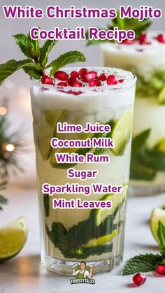 I’m excited to share this festive White Christmas Mojito recipe with you! This refreshing cocktail blends creamy coconut milk, fresh lime, and mint with a splash of rum. Let’s craft a holiday drink that’s both elegant and delicious! 🎄🍹 Christmas Coconut Mojito, Christmas Mojito Holiday Cocktails, White Christmas Mojito Recipe, Coconut Christmas Mojito, Christmas Holiday Drinks Alcohol, White Rum Recipes, Christmas Rum Cocktails, Christmas Mojito Recipe, Holiday Rum Drinks