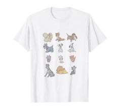 a white t - shirt with dogs and cats in different poses on the front,