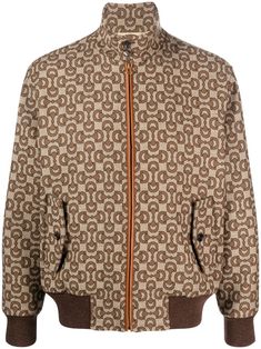 brown wool-silk blend leather trim signature Horsebit print high neck front zip fastening front flap pockets long sleeves ribbed hem Brown Gucci Outerwear With Pockets, Gucci Brown Outerwear With Pockets, Gucci Brown Winter Outerwear, Brown Gucci Winter Outerwear, Beige Gucci Outerwear For Winter, Gucci Winter Outerwear With Pockets, Gucci Long Sleeve Outerwear For Fall, Gucci Beige Outerwear For Fall, Gucci Fall Outerwear