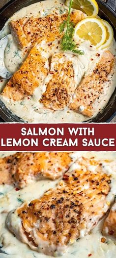 salmon with lemon cream sauce in a cast iron skillet