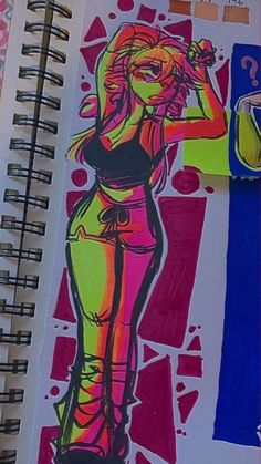 a drawing of a woman in neon colors on a spiral notebook with colored pencils