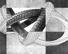 a black and white drawing of two tires on top of each other in the middle of a checkerboard pattern