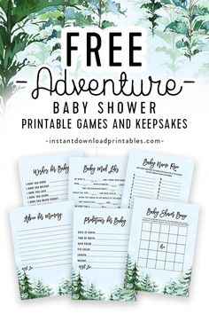 three printable baby shower games and keepsakes with the words free adventure on them