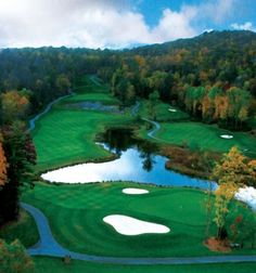 an aerial view of a golf course surrounded by trees