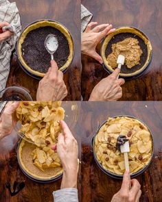 four pictures showing how to make an apple crisper pie, including toppings and filling