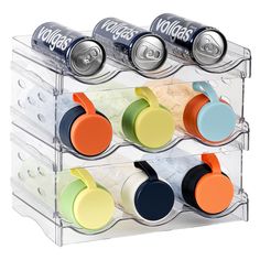 three tiered soda can holder holds six cans and two cups, each with different lids