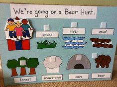 a bulletin board with pictures of animals and people on it that says we're going on a bear hunt