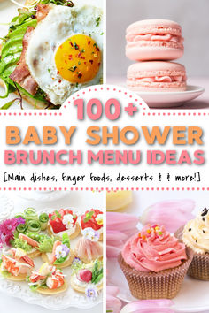 baby shower brunch menus and desserts are featured in this collage