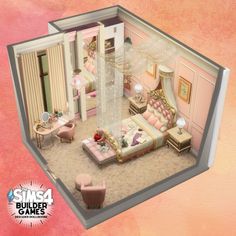 an image of a doll house with furniture and accessories in the living room on top of carpeted flooring