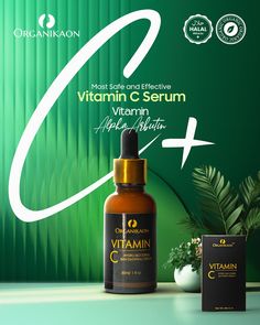 the vitamin c serum is on display next to an empty bottle and package for it