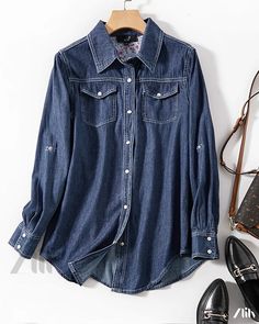 Zlily - Stylish Open-Front Denim Shirt with Design Accents Spring Denim Blue Blouse With Pockets, Medium Wash Blouse With Pockets For Fall, Relaxed Fit Denim Blouse With Pockets, Long Sleeve Denim Blouse With Pockets, Sleeve Stencil, Denim Shirt, Types Of Collars, Boho Style, Front Open