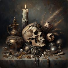 a painting of a skull and other items on a table with a lit candle in the background