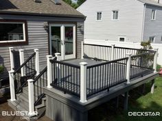 a deck built into the side of a house with railings and handrails