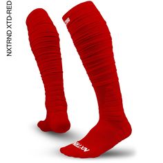 The NXTRND XTD™ Padded Football Socks are made of a unique moisture wicking fabric that accelerates evaporation keeping your feet cool and dry no matter the conditions. In addition, the underfoot of the sock is textured to help lock your feet into your cleats. More breathable and durable than the competition, these extra long scrunch socks also feature strategically placed padding to protect against blisters and other uncomfortable pressure points allowing for a supportive fit and feel come ... Red Stretch Sporty Socks, Red Sporty Socks For Sports, Sporty Red Breathable Socks, Mens Knee High Socks, Long Black Socks, Black Knee High Socks, Scrunch Socks, Long White Socks, Softball Socks