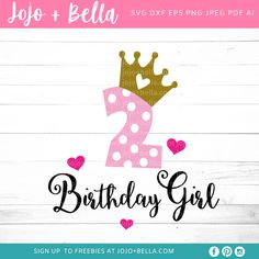 a pink and gold birthday girl number two with hearts on the side, in front of white wood planks