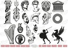 some ancient greek and roman symbols in black and white, with the words freebies