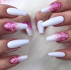 White Coffin Nails, White Acrylic Nails, Super Nails, Summer Acrylic Nails, Pink Nail, Nail Designs Glitter, Acrylic Nail Art, Glitter Nail Art, Coffin Nails Designs