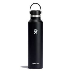 the hydro flask water bottle is black and has a white logo on it