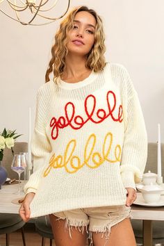 Gobble Gobble Letter Embroidery Thanksgiving Sweater. Embroidery Thanksgiving, Thanksgiving Sweater, Embroidery Sweater, Gobble Gobble, Girls Outerwear, Letter Embroidery, Capri Blue, Top Graphic Tees, Kimono Cardigan