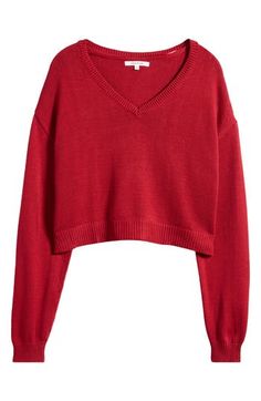 Give your off-duty fits a cozy boost in this cropped, boxy sweater made with a touch of wool for enhanced warmth. 19" length (size Medium) V-neck Long sleeves Dropped shoulders Ribbed cuffs and hem 50% nylon, 25% polyester, 15% acrylic, 10% wool Machine wash, dry flat Imported Casual Soft Knit Crop Top For Fall, Trendy Red Winter Crop Top, Trendy Red Crop Top For Winter, Red Long Sleeve Cropped Sweater, Casual Red Cropped Long Sleeve Sweater, Casual Cropped Sweater With Ribbed Cuffs, Casual Red Crop Top For Fall, Trendy Red Cropped Sweater For Winter, Casual Red Cropped Sweater For Winter