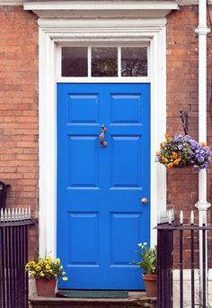 a blue front door with potted flowers on the steps